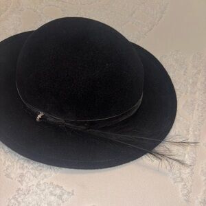 Black Felt Hat with rhinestones and feather Like New - Betmar Brand